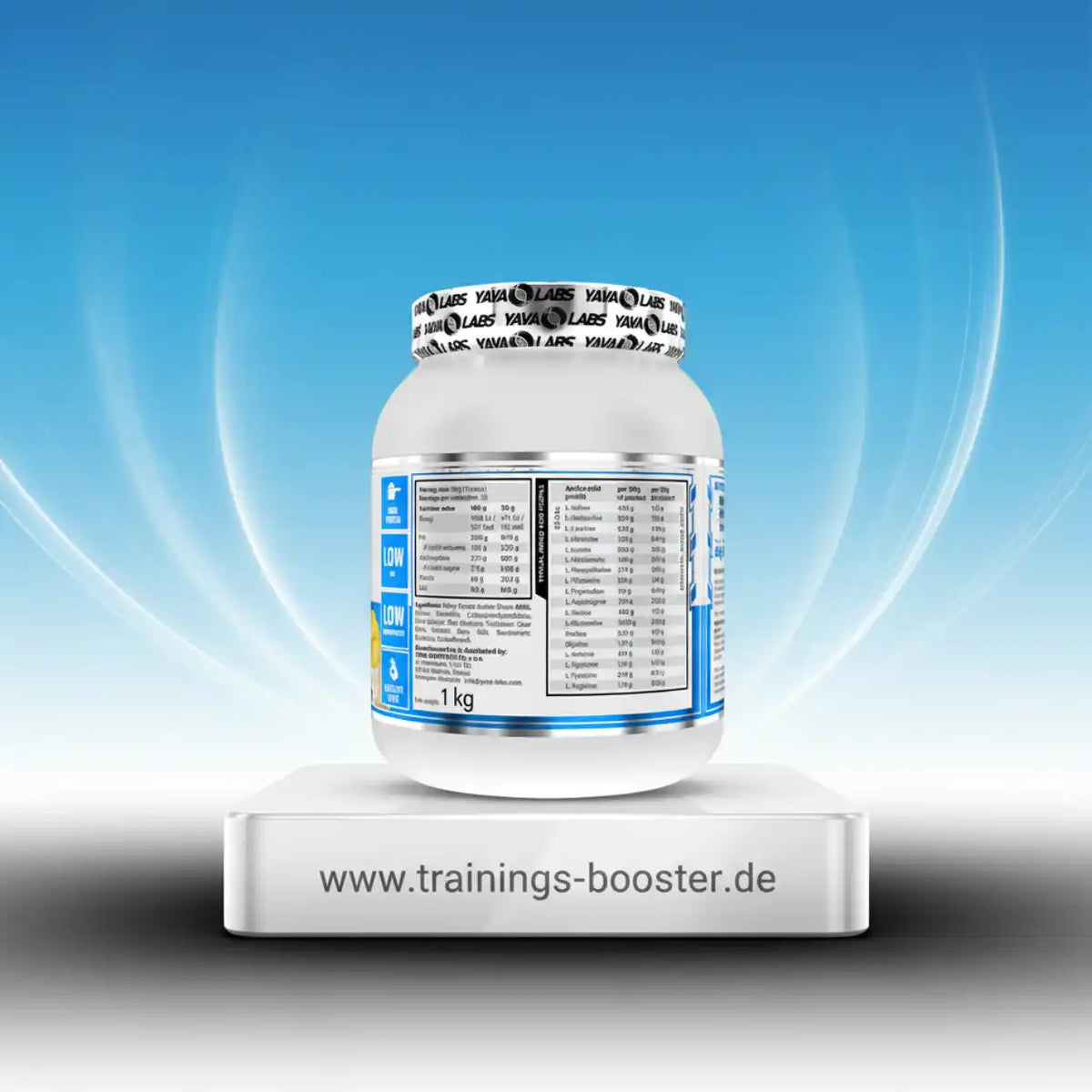 1 kg Sportnahrung-Booster mit Aminosäuren und Nährwertangaben auf weißem Behälter
