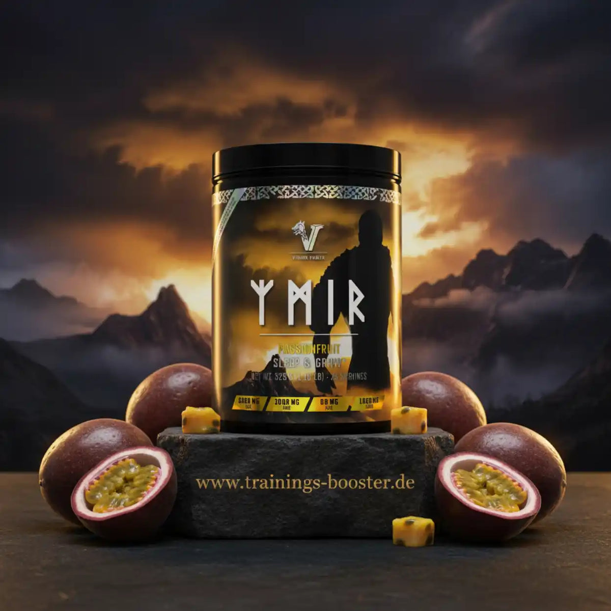Ymir Sleep & Grow Nahrungsergänzungsmittel mit Passionsfrucht-Geschmack vor Bergpanorama
